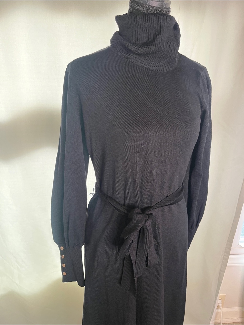 Maia Black Turtleneck Long-Sleeve Tie-Waist Dress Small